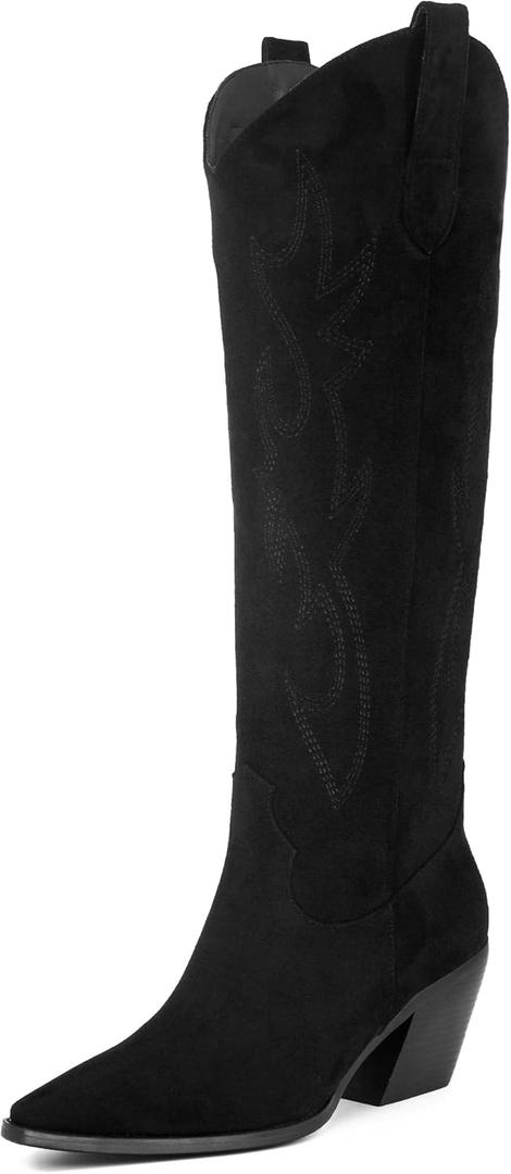 iiimmu Cowgirl Boots Women Knee High Boots Pointed Toe and Block Heel Cowboy Suede and Faux Leather Boots with Embroidered (6.5, Black)