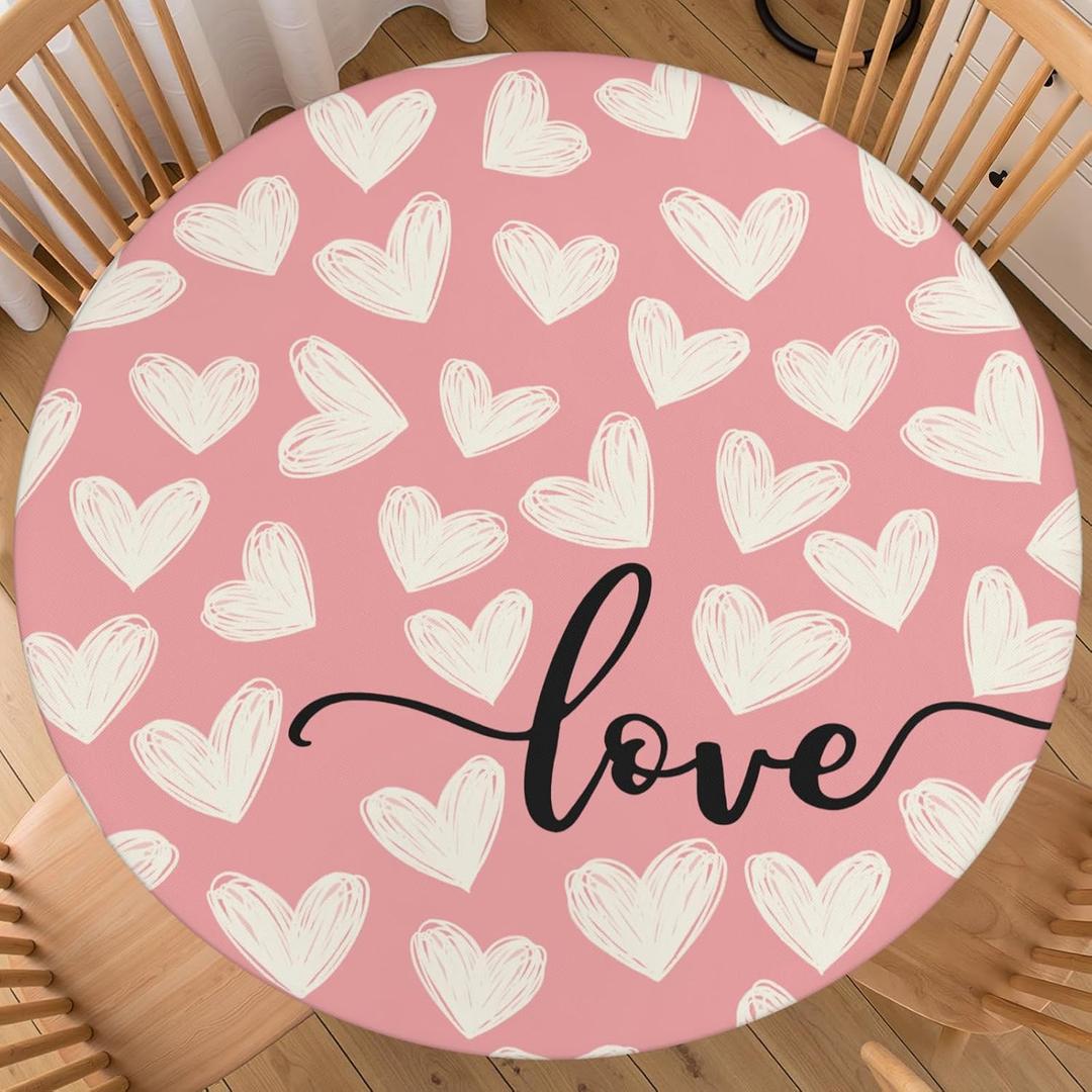 Valentines Day Round Tablecloth Fitted Best for 40"-44" Beige Pink Heart Table Cloth Vintage Elastic Edge Water-Resistant Washable Love Decoration Table Cover for Party Picnic Indoor Decor