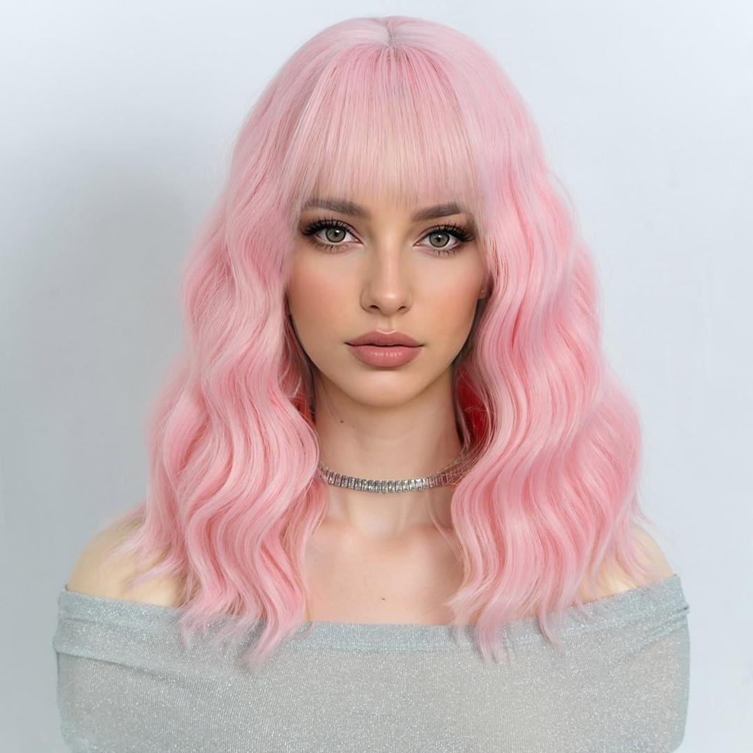 NOBLE Pink Wig Bob Wig with Bangs Short Loose Wavy Wigs for Women Shoulder Length Heat Resistant Synthetic Hair Bob Wavy Colored Wigs for Halloween Cosplay 12 Inches NOBLE Pink Wig Bob Wig with Bangs Short Loose Wavy Wigs for Women Shoulder Length Heat Resistant Synthetic Hair Bob Wavy Colored Wigs for Halloween Cosplay 12 Inches