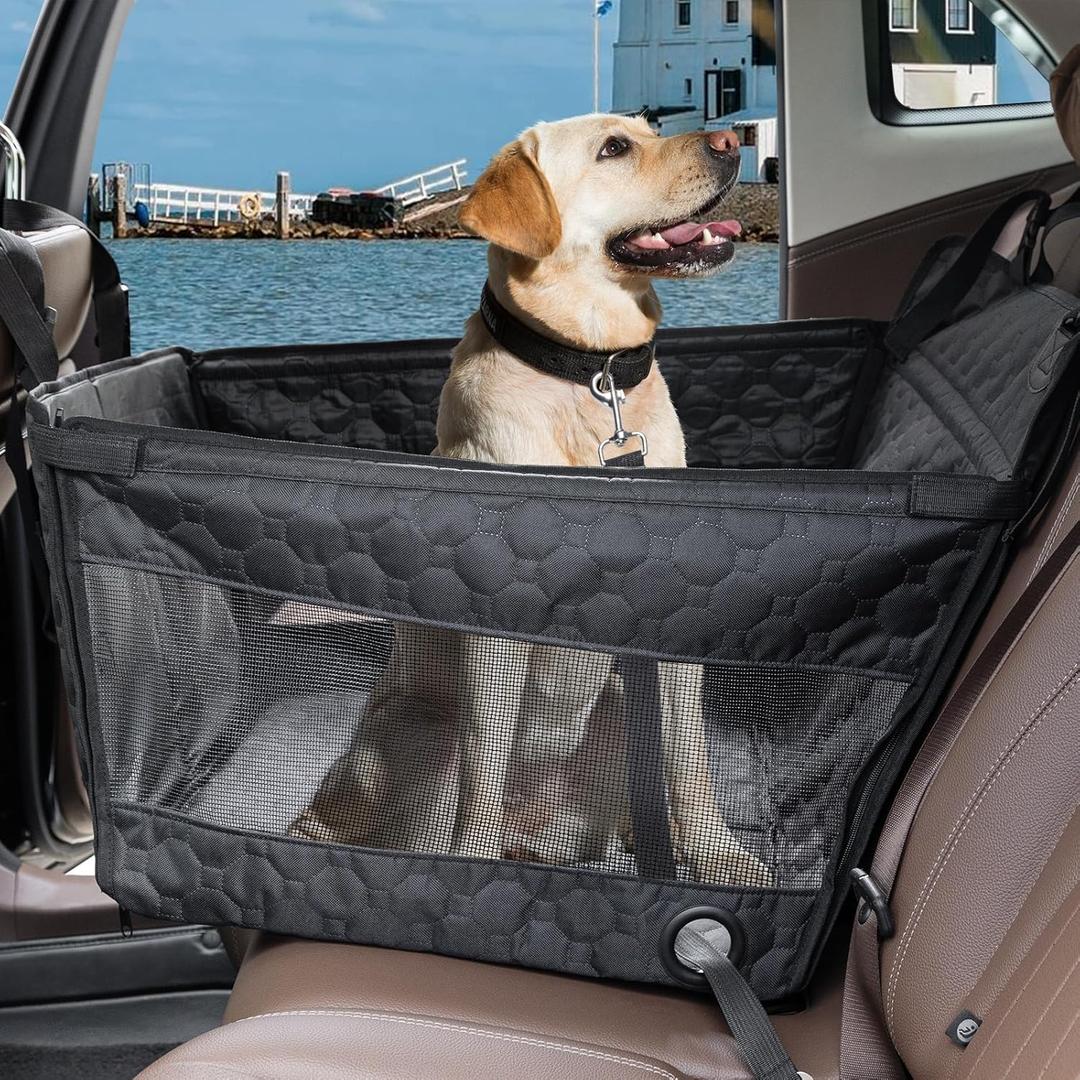 Dog Car Seat for Large Medium Dogs, Dog Car Seat Cover for Back Seat, Foldable Pet CarSeat with Safety Belt, Waterproof Fabric & Breathable Mesh, Back Seat Cover for Dogs Under 40lbs (Large, Black)