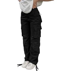 Cargo Pants for Women High Waisted Casual Pants Baggy Y2k Straight Wide Leg Pants with Pockets Streetwear, Black, XL