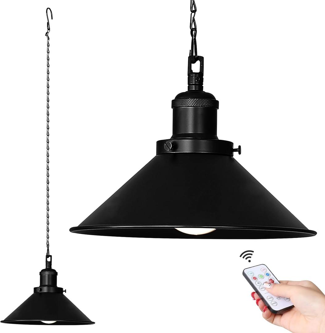 1 Pack Black Portable Battery Operated Hanging Light, Rechargeable Wireless Outdoor Pendant Light with Remote, Battery Powered Chandelier Lantern Fixture for Indoor Outdoor Gazebo Porch Patio