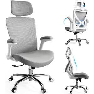 Ergonomic Office Chair-Computer X-Shaped Chair Mesh PU Leather with Adjustable Lumbar Support-Executive Desk Chair High Back with Headrest Flip-Up Arms for Long Hours (White-Grey)