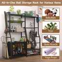 Sports Equipment Organizer, Heavy Duty Ball Storage Rack with Basket & Hooks, Garage Golf Bag Holder, Indoor/Outdoor Ball Storage Bins for Toy Sports Gear Storage