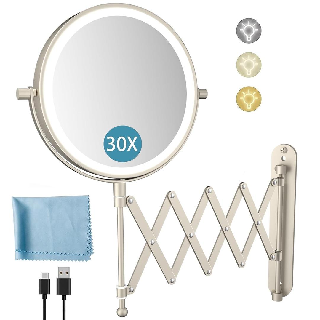 5000mAh Rechargeable Wall Mounted Makeup Mirror - 8 Inch Double Sided 1X/30X Magnifying Mirror with 3 Color Lights Dimmable Touch Screen, 360Swivel 19.6 Inch Extendable Accordion Bathroom Mirror (Brush Nickel)