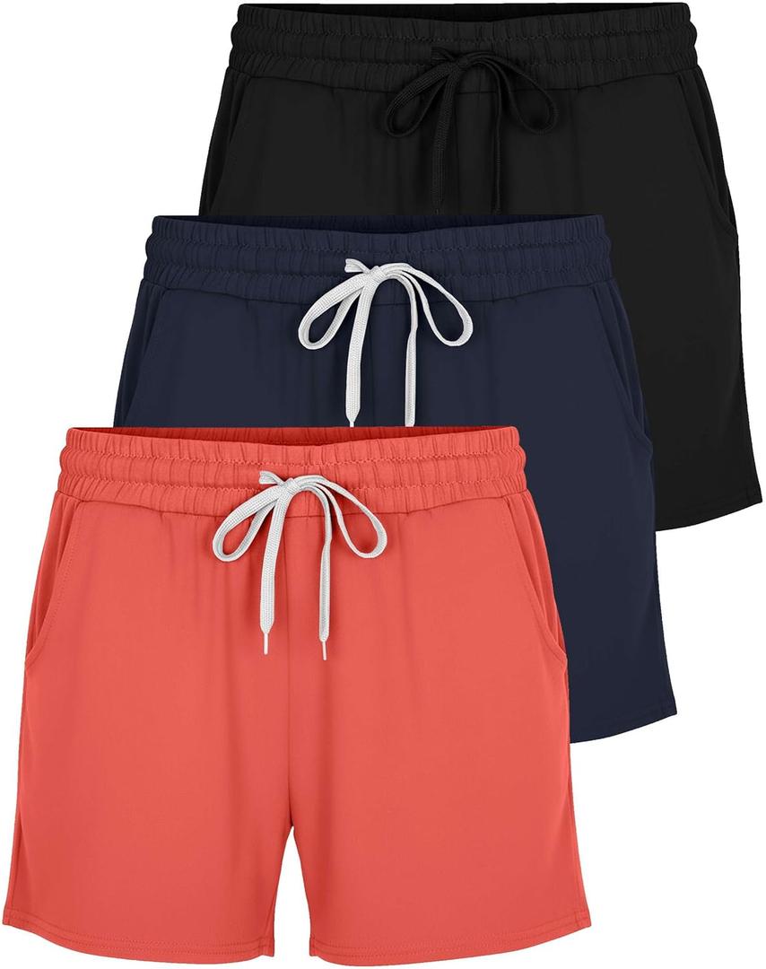 Real Essentials 3 Pack: Womens Ultra-Soft Athletic Lounge Casual Sweat Shorts with Pockets (S)