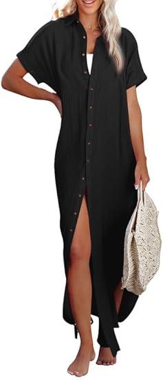 Dokotoo Womens Casual Short Sleeve Side Split Button Down Long Kimonos Cardigans Swimsuit Cover Ups Summer Beach Dress, XL