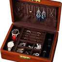 Bescott 2 Layer Solid Wooden Jewelry Box with Lock and Key for Women Men Vintage Velvet Wood Jewelry Organizer Storage for Earrings Rings Necklaces Bracelet Watch Mothers Day Gift (Deep brown velvet)