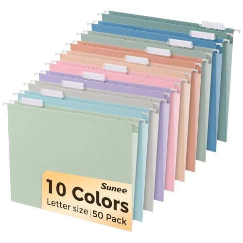 SUNEE Hanging File Folders, 50 Pack Letter Size Hanging File Folders with 1/5-cut Tabs, Stay Organized for Your Home and Office Bulk File, Documents and Paper, 10 Pastel Colors