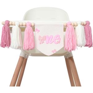 First Birthday High Chair Banner, Pink and White Tassel Garland with Bow Design, Baby Girl Party Decoration