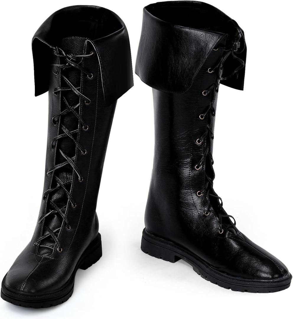 Ramede Men's Medieval Renaissance Boots Pirate Costume Viking Gothic Leather Boots High Tube Tied Shoes for Halloween Cosplay (9, Black)