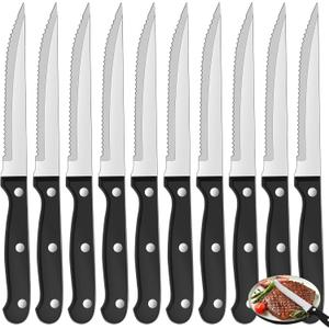 10 Piece Steak Knives, 8.2 Inch Stainless Steel Steak Knife, Ergonomic Handles Serrated Kitchen Knives, Sharp Triple Rivet Dinner Knife for Kitchen Restaurant Camp, Dishwasher Safe (Silver)