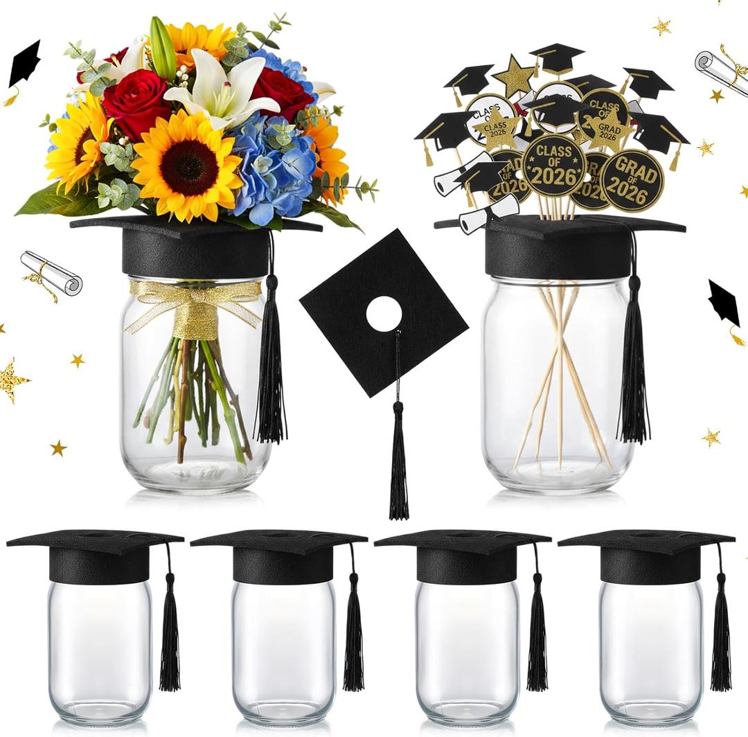 Qinyoung 6 Pcs 2026 Graduation Table Decoration Centerpiece Class of 2026 Graduation Decoration for Table Mason Jar with Grad Cap for Centerpiece Flower College High School Congrat Grad Party (Black)