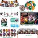 132Pcs Demon-themed birthday party decorations and party supplies,cake toppers, spiral hangings, dinner plates, tablecloths,stickers,