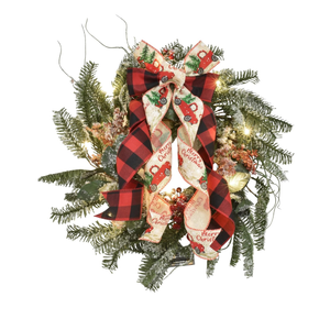 Christmas Wreath with Lights, 18 Inch Lighted Outdoor Christmas Wreath - Prelit Winter Xmas Door Wreath with Berry, Pine Leaf for Thanksgiving Holiday Wall Window Decorations