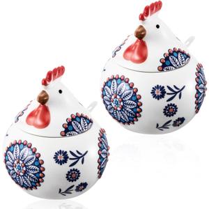LemonRoad 2 Pcs Ceramic Salt Cellar with Lid and Spoon, 13oz Large Chicken Rooster Cookie Jar Salt Containers Holder for Countertop Spices, Ideal for Adding Charm to Kitchen Christmas Decor(Blue)