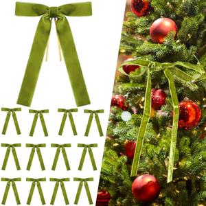 12Pcs Olive Green Velvet Christmas Tree Bows Ornaments Vintage Velvet Ribbon Bows for Tree Garland Wreath Indoor Outdoor Christmas Decor Xmas Decorations 1'' Wide, 5 * 7 inch