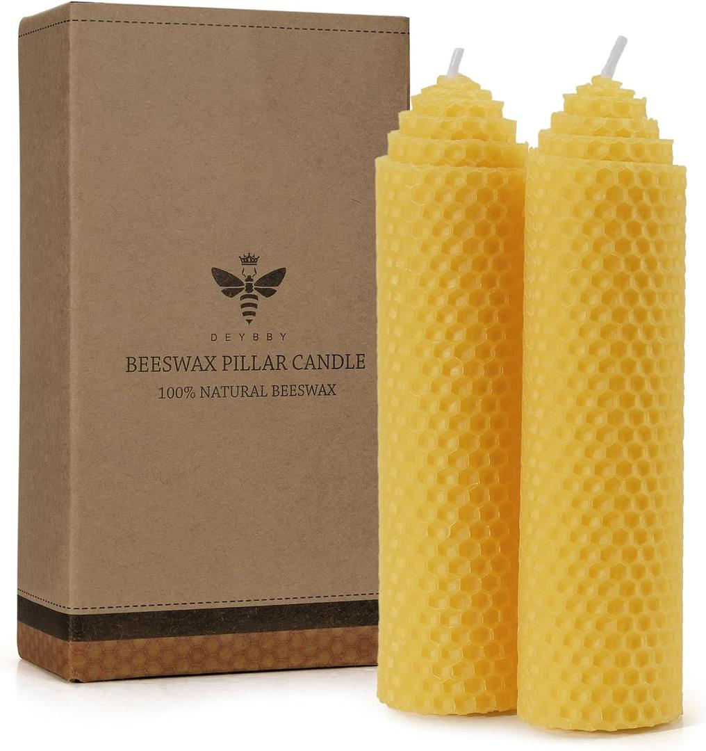 Beeswax Pillar Candles Set of 2 - Handmade Pure Beeswax Rolled Candles for Gift & Home Decor (1.56 in) (Yellow)