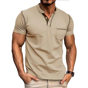 Aulemen Men's Henley Shirts Short Sleeve Casual Lightweight Slim Fit Basic Button T-Shirt with Pocket (Medium, Khaki)