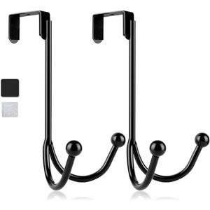 HFHOME 2Packs Over The Door Double Hanger Hooks, Metal Twin Hooks Organizer for Hanging Coats, Hats, Robes, Towels- Black