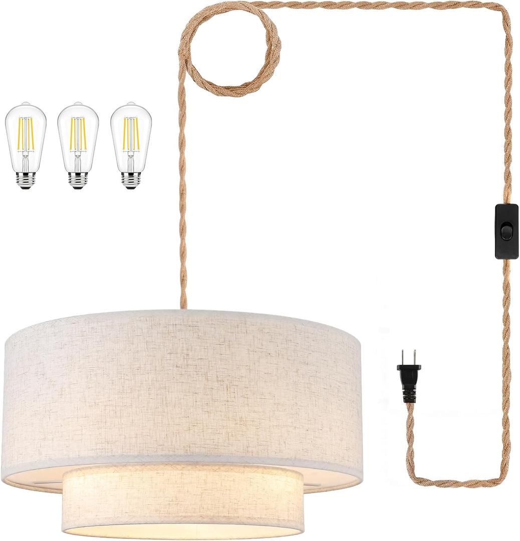 Plug in Pendant Light, 2-Tier Drum Linen Pendant Light with 15ft Hemp Rope Cord, E26 On/Off Switch, 18" Plug in Hanging Chandelier for Dining Room Kitchen, Includes Bulbs