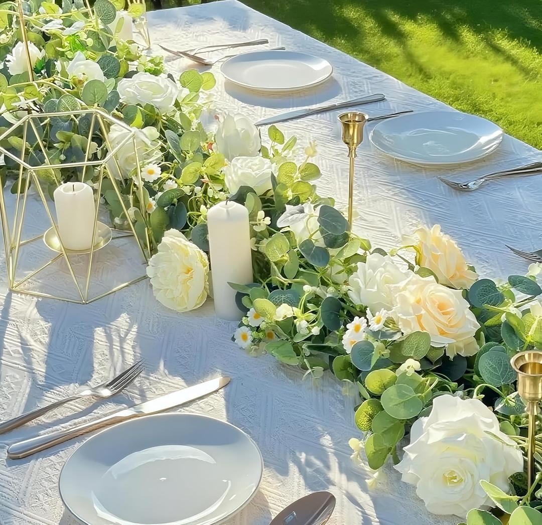5.9FT Artificial Eucalyptus Garland with Flowers (Roses, Peonies, Daisies); Artificial Flower Garland for Weddings, Backdrops. Artificial Rose Vine For Home Decor, Table Decor, Door & Hanging Decor.