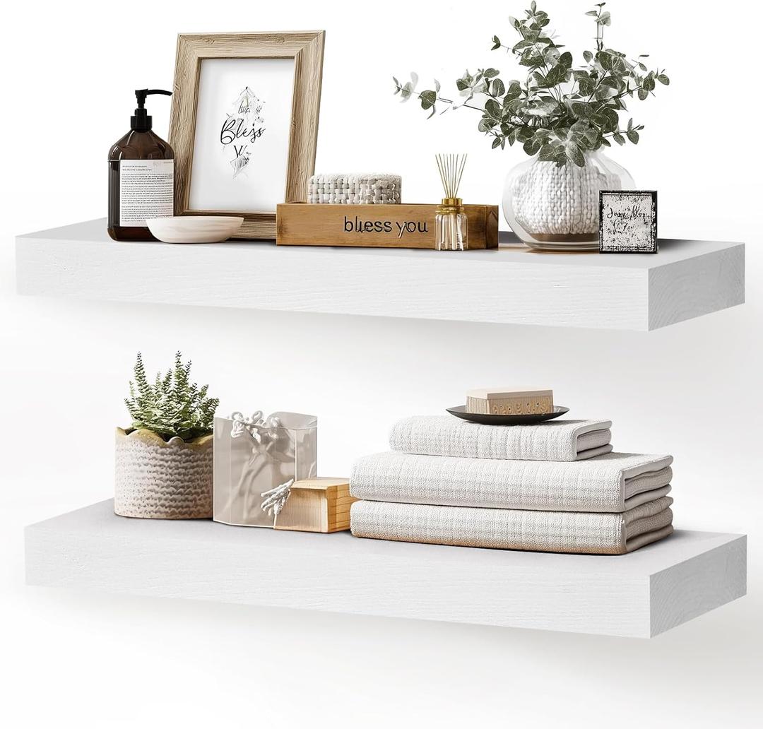 24x8x1.6 inch Floating Shelves Set of 2  Solid Wood Rustic White Wall Mounted Shelf for Kitchen, Bathroom, Living Room