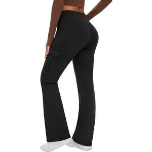 Yoga Flare Leggings for Women High Waisted Yoga Casual Pants Workout Leggings Cargo with 6 Pockets Bootcut Pants (Black, L)