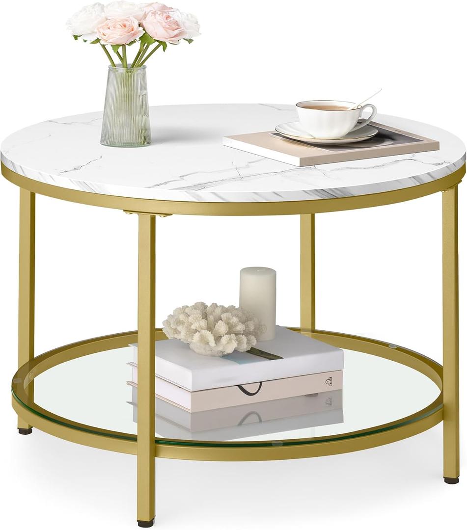 VASAGLE Round Coffee Table, 2-Tier Small Coffee Table with Faux Marble Top and Glass Shelf, Modern Style, for Living Room, 25.6 x 25.6 x 18.1 Inches, Marble White and Pale Gold ULCT072W59