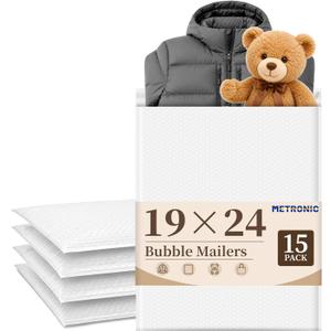 Metronic Large Bubble Mailers 19x24 Inch 15 Pack White Padded Envelopes, 19x24" 15PC