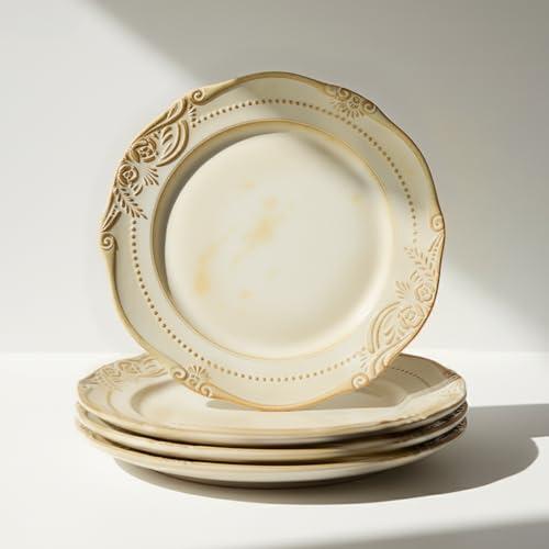 Yokiiimakiii Ceramic Flat Plates Set of 4, 10.5 inch Reactive Glaze Stoneware Dish Set for Dessert, Salad, Appetizer, Dinner, Dishwasher & Oven Safe, Scratch Resistant-Faint Yellow