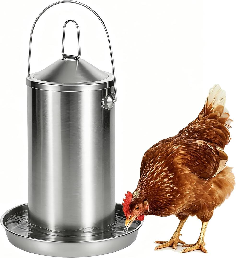 Automatic Chicken Waterer with Handle Heavy Duty Stainless Steel Gravity-Fed Chicken Water Dispenser Hanging Poultry Drinker Feeder for Ducks Chickens Geese Turkeys Parrots Pigeons Quails