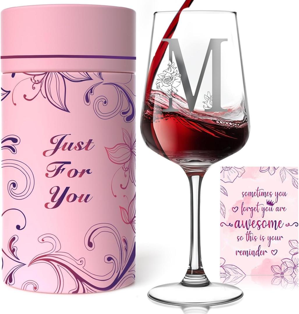 Personalized Wine Gifts for Women - Customized Initials A-Z Wine Glasses, Unique Monogram Birthday Gifts for Her, Mom, Wife, Sister, Daughter, Friend (M)
