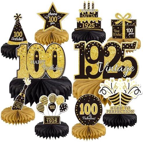 10PCS 100th Birthday Decorations Centerpieces for Table Decorations, 2025 Vintage 1925 Honeycomb Table Topper Back in 1925 Birthday Party Decoration for Men and Women (Gold & Black, 100 Years),Set of 2