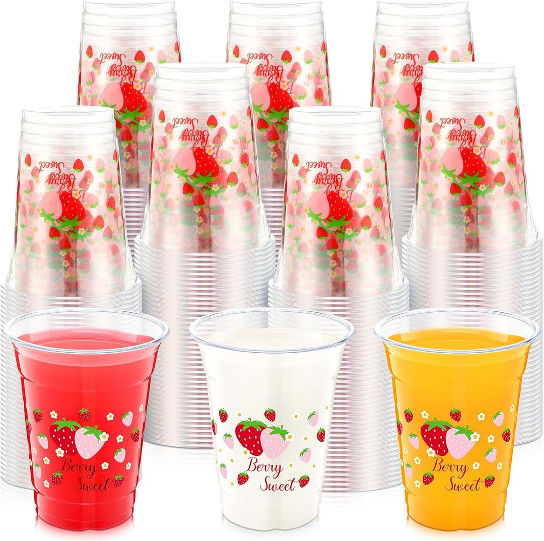 100 Pcs 12 oz Strawberry Disposable Plastic Cups Strawberry Flower Clear Plastic Cups Pink Red Party Favors for Birthday Baby Shower Summer Fruit Party