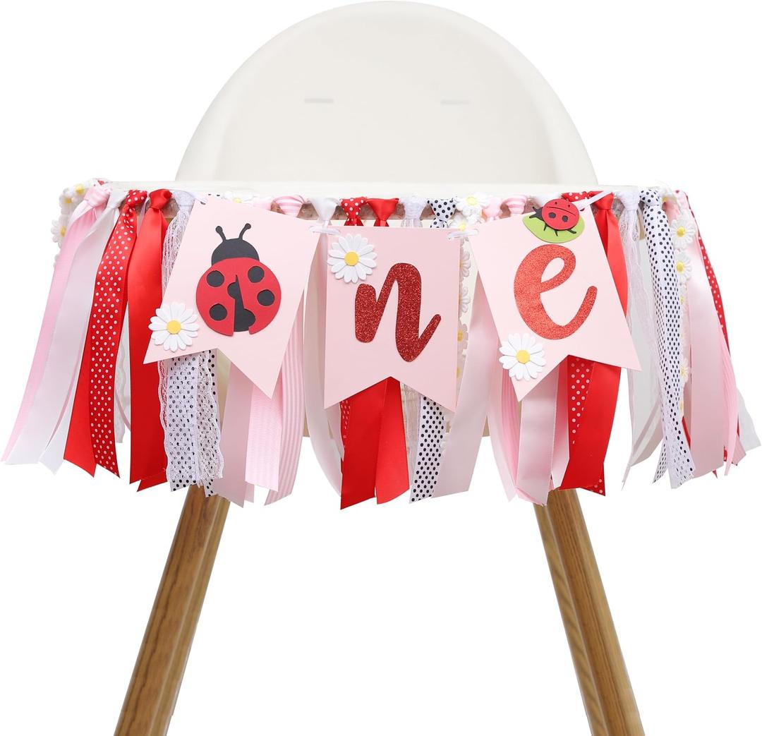 Ladybug High Chair Banner - Our Little Love Bug 1st Birthday Decorations, Ladybug with Daisy First Birthday Highchair Banner, Our Little Ladybug Is Turning One Party Decor