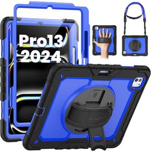 SEYMAC for iPad Pro 13 Inch Case 2024 M4 (7th Generation), Heavy Duty Shockproof Protective Case with Screen Protector, 360 Rotating Stand, Hand/Shoulder Strap and Pen Holder, Blue (Black /Dark Blue)
