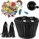 Kid's Bicycle Basket Streamers Set, Children's Bike Handlebar Wicker Basket with Colourful Bike Streamers Bell and Stickers, Bike Decoration Accessories Kit for Girls (Black)