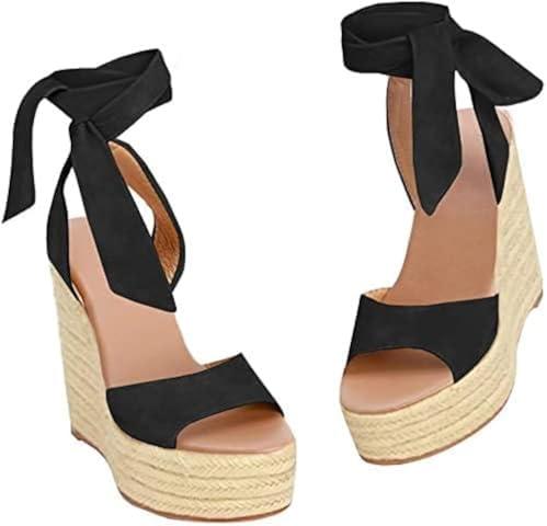 Liyuandian Womens Platform Espadrille Wedges Open Toe High Heel Sandals with Ankle Strap Buckle Up Shoes, Size 6.5