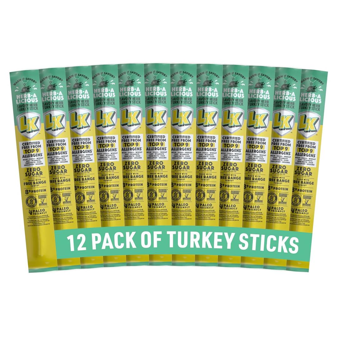 Lorissa's Kitchen Premium Free Range Jerky Snack Sticks 12-Pack: Herb-A-Licious Turkey Flavor, 8g Protein, Certified Free from Top 9 Allergens, Gluten-Free, Non-GMO, Zero Sugar, Keto, Paleo (EXP 01/24/26)