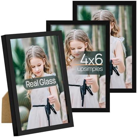 upsimples 4x6 Picture Frame Set of 3, Made of High Definition Glass for 4 x 6, Wall and Tabletop Display Thin Border Photo Frames for Home Decor, Black
