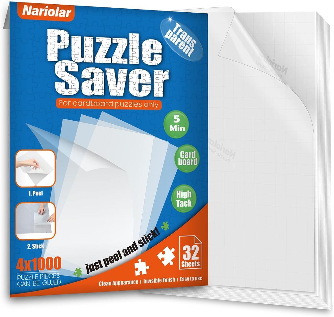 Nariolar Ultra-Adhesion Transparent Puzzle Glue Sheets, 32 Puzzle Saver Sheets for Preserving Up to 4x1000-Piece Jigsaws, 7.410.2 in