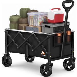 Collapsible Wagon Cart with Wheels & Reflective Stripe 280lbs Heavy Duty | Instant pull-up folding design, durable steel frame, smooth 360-degree all-terrain wheels, compact storage utility wagon, Medium