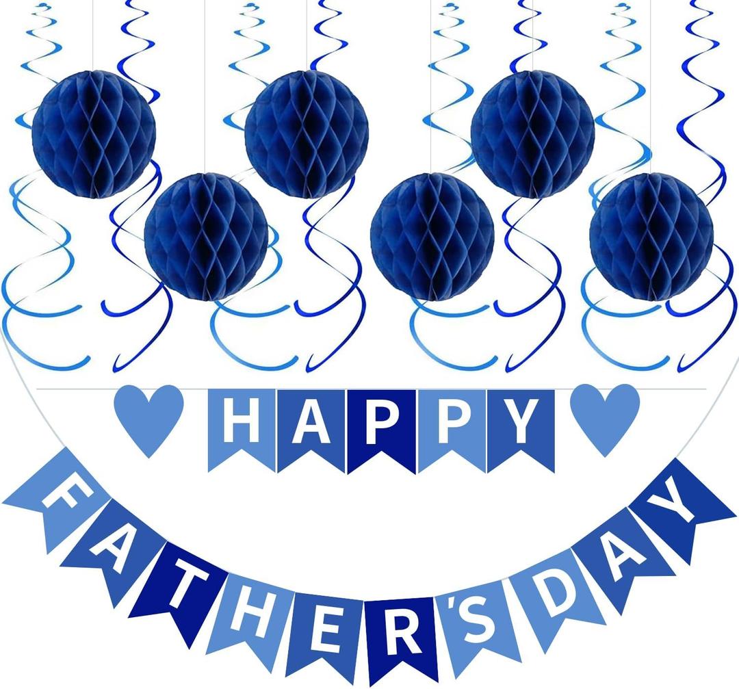 Happy Father's Day Decorations Party Supplies Kit - Happy Fathers Day Banner, 6 Honeycomb Ball & 12 Hanging Swirls for Home Party Decor, Blue Heart Theme