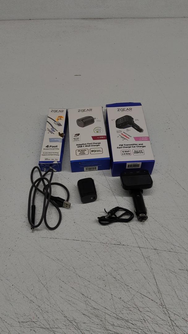 Zgear Pack Of 3 ZGEAR Lightning 4 Foot Bralted Cherge Calice A Fast Charging, ZGEAR For USB C Adaptive Fast Charge USB C Wall Charger 20 Watts Total Power PD, ZGEAR Audio Power FM Transmitter and Fast Charge Car Charger 12 Watt 2.4 Amp Aux and USBPorts