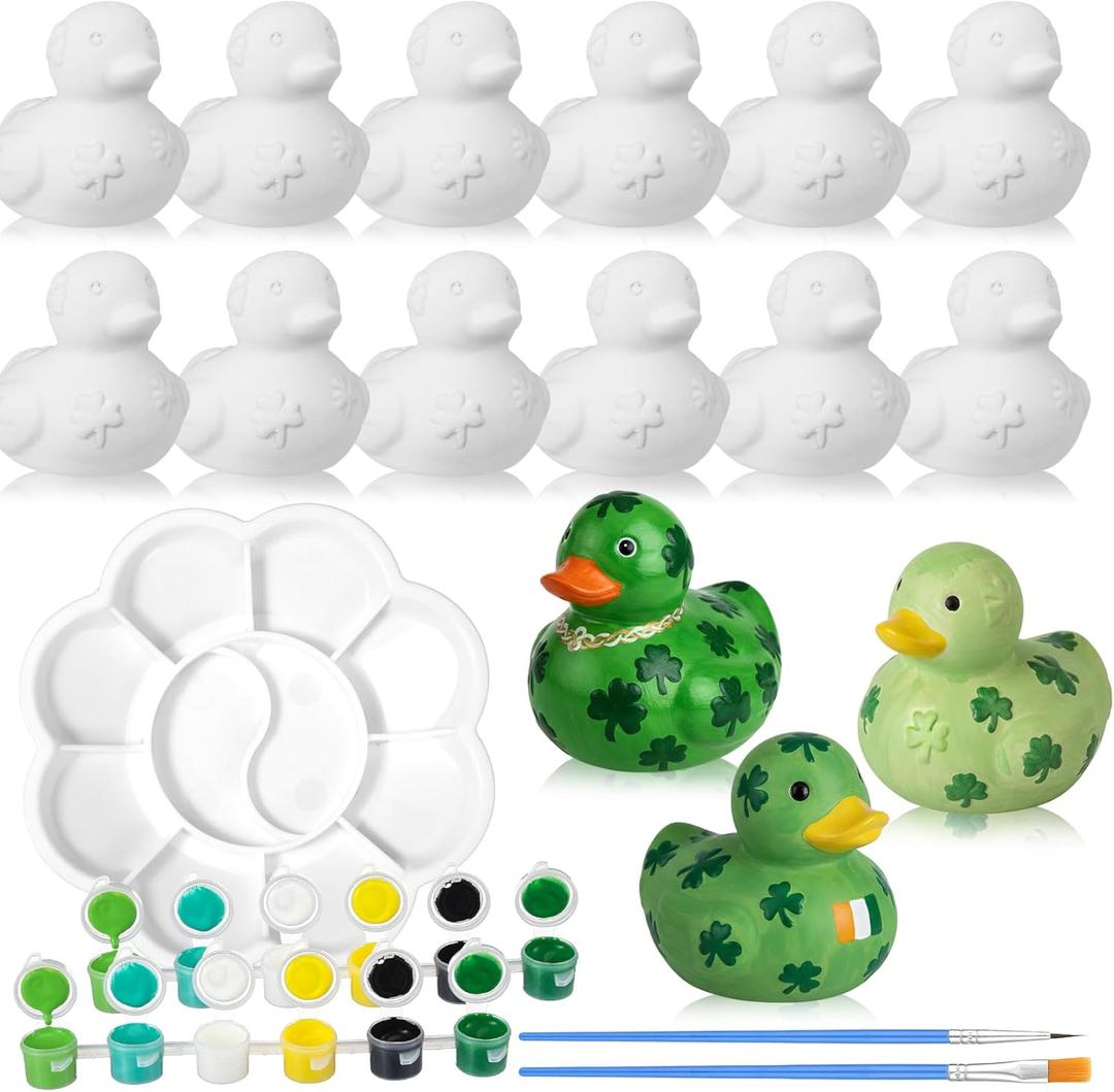 Simgoing 17 Pcs Irish Ceramics to Paint Ready to Paint Your Own Ceramic Shamrock Duck Statues Unpainted Ceramics Paintable Figurines Kit Crafts with Brush Palette for St. Patrick's Day