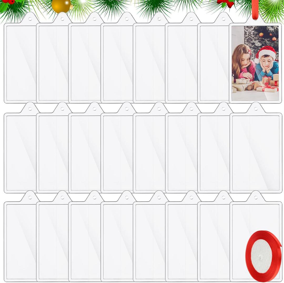 24 Pcs DIY Christmas Picture Frame Ornaments with Red Ribbon, Acrylic Xmas Tree Photo Frame Bulk, Hanging Photo Christmas Ornaments, Plastic Ornament Tree Decor (Square)