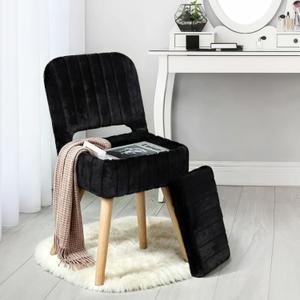 Vanity Stool Chair with Storage & Folding Back, Faux Rabbit Fur Soft Padded Seat Ottoman, 4 Solid Wood Legs Anti-Slip Feet, Small Stool for Vanity Desk for Makeuproom, Bedroom 15.7x12.5x28.7Black