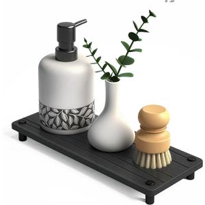 Quick Dry Sink Caddy Kitchen Sink Organizer, Water Absorbing Stone Tray for Sink, Stone Drying Tray, Diatomite Faucet Mat & Protector, Dispenser Sponge Holder, Stone Soap Tray for Bathroom Counter (Dark Gray Metal Foot Wave Large)