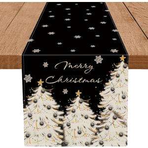 Christmas Table Runner Xmas Golden Tree Star Snowflake Black Merry Christmas 13 x 90 Inch Long Runners Winter Holiday Home Kitchen Table Decor
